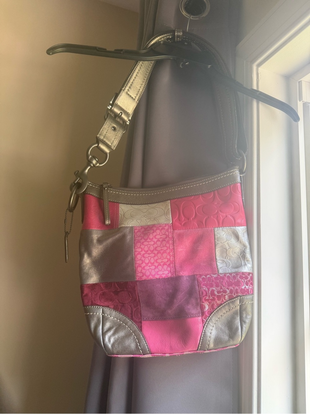 Coach Pink and Silver Patchwork Shoulder Bag Vintage